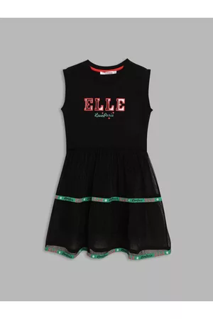Elle Girls Black Printed Sequin Cotton Dress