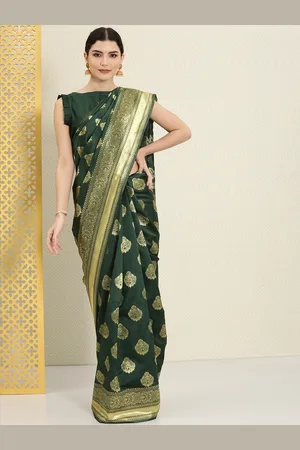 House of Pataudi Green & Gold-Toned Ethnic Motifs Zari Silk Blend Banarasi Saree