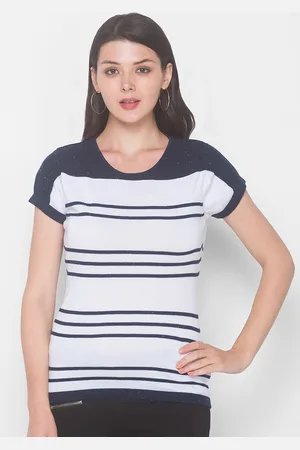 Globus Women Navy Blue & White Striped Cotton Pullover
