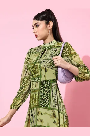 KASSUALLY Women Green Animal Printed Once Upon a Sleeve Dress