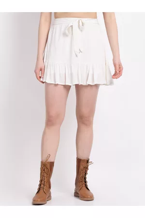 La Zoire Women Off White Solid Flared Mini Length Skirt