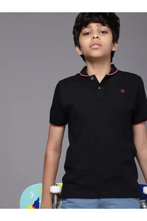 WROGN Boys Black Solid Polo Collar Regular Sleeves Pockets Pure Cotton Slim Fit T-shirt