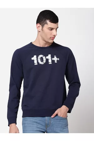 Lee Men Blue Printed Detachable Hood Cotton Sweatshirt