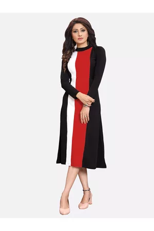 LONDON BELLY Women Black & Red Colourblocked A-Line Midi Dress