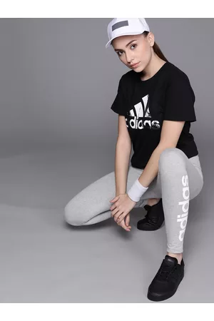 adidas Women Grey Melange & White Linear Brand Logo Solid Tights