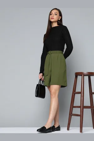Chemistry Women Olive Green Solid Shorts with Belt