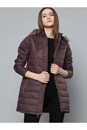 Chemistry Women Burgundy Solid Quilted with Faux Fur Trim Longline Jacket
