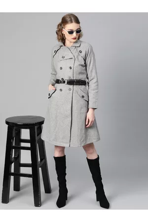 ATHENA Women Grey Melange Solid Trench Coat