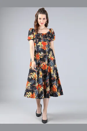 Cation Black & Orange Floral Crepe Midi Dress