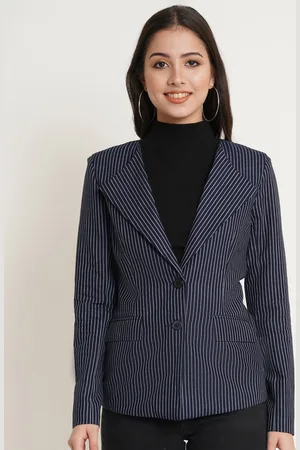 Purple State Women Blue & Grey Striped Single-Breasted Slim-Fit Blazer