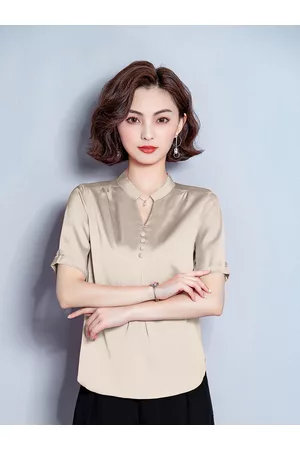 JC Collection Women Champagne Mandarin Collar Shirt Style Top