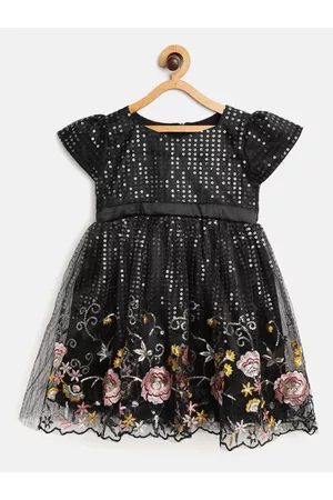 Bella Moda Black & Pink Floral Embroidered Sequined A-Line Dress