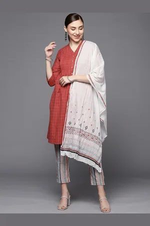 Biba Women Rust Red Checked Pure Cotton Kurta with Trousers & Dupatta
