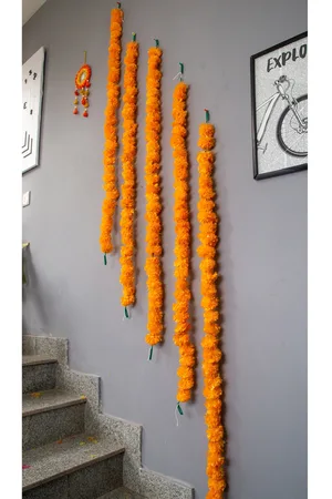 BS AMOR Set Of 5 Orange Coloured Solid Marigold Garland Artificial Flowers