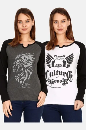 Fleximaa Women Charcoal & White Set Of 2 Printed Cotton T-shirt