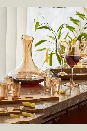 Home Centre Yellow Set of 6 Shot Glasses With Bamboo Wood Base