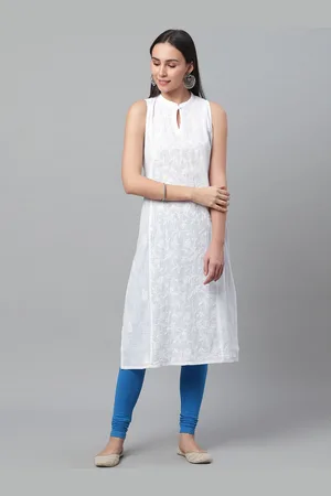 akheri Women White Chikankari Embroidered Handloom Straight Kurta