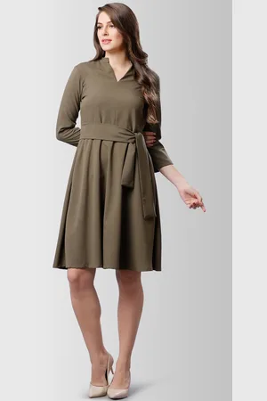 FableStreet Women Solid Olive Brown Fit and Flare Dress