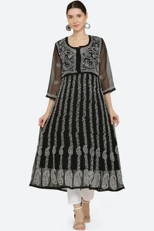 FAWOMENT Women Black Ethnic Motifs Embroidered Chikankari Georgette Kurta