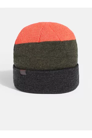 WROGN Unisex Olive Green & Orange Colourblocked Woollen Beanie