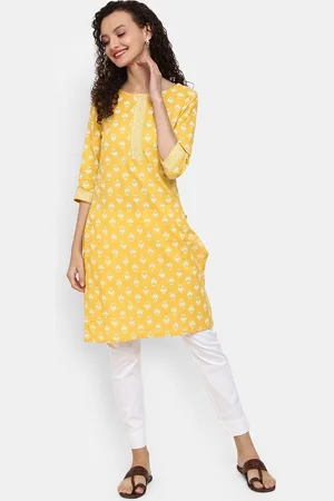 Desi Mix Women Yellow Floral Printed Cotton Kurta