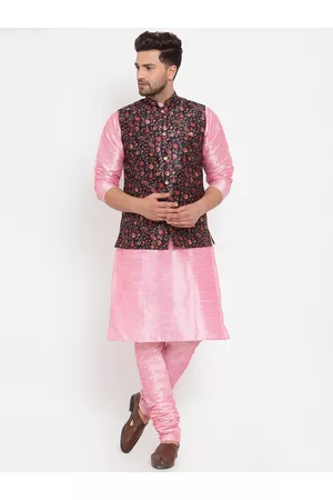 Kraft Men Pink & Black Kurta with Churidar & Printed Nehru Jacket