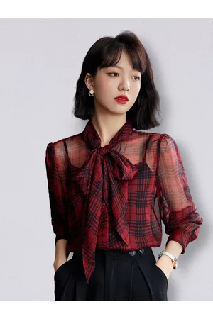 JC Collection Women Red Checked Tie-Up Neck Shirt Style Top