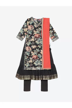 Biba Girls Black Floral Printed Kurta with Pyjamas & With Dupatta