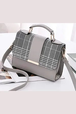 LIKAA Grey Geometric Checked PU Bucket Satchel with Cut Work