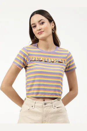 Elle Women Lavender & Peach-Coloured Striped Slim Fit T-shirt