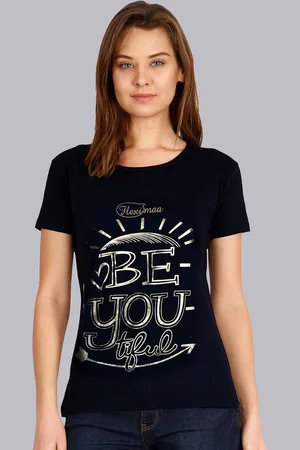 Fleximaa Women Navy Blue Typography Foil Printed Cotton T-shirt