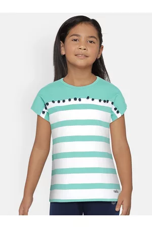 METRO KIDS COMPANY Girls Sea Green & White Organic Cotton Striped Round Neck T-shirt
