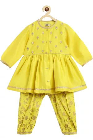Tiber Taber Girls Yellow Floral Embroidered Chanderi Silk Kurta with Salwar