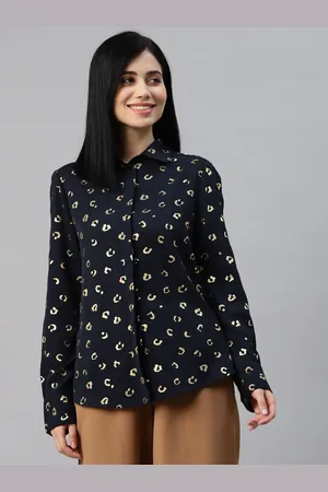 Marks & Spencer Navy Blue & Golden Animal Print Shirt Style Top