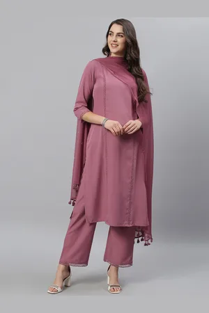 Azira Women Mauve Panelled Thread Work Kurta with Palazzos & With Dupatta