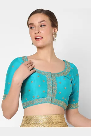 SALWAR STUDIO Women Blue Embroidered Silk Saree Blouse