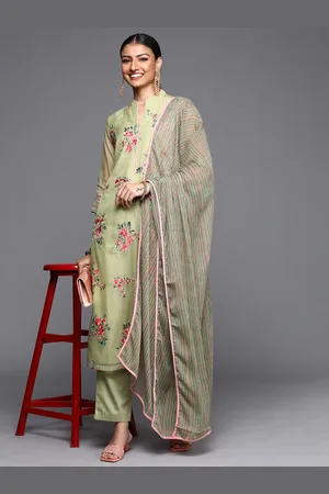 Biba Women Olive Green & Pink Ethnic Motifs Embroidered Kurta with Trousers & Dupatta