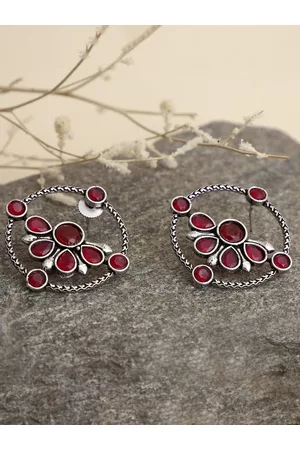Veni Red Women Silver-Plated Contemporary Chandbalis Earrings