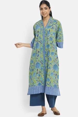 Fabindia Women Green Cotton Floral Printed Regular Fit A-Line Kurta
