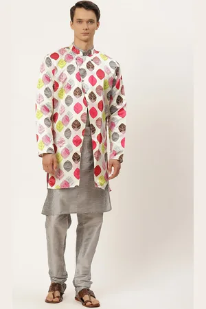 SOJANYA Men White & Grey Floral Print Kurta & Churidar with Tailored Jacket