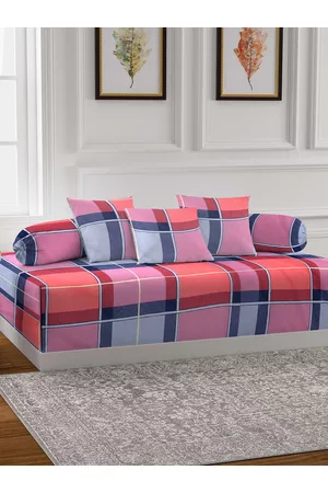 Arrabi Set Of 6 Pink & Blue Checked Diwan Set