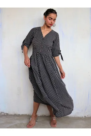 Chidiyaa Women Black Striped Cotton Printed Maxi Dress