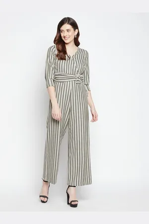 MADAME Women Green & Black Striped Cotton Basic Jumpsuit