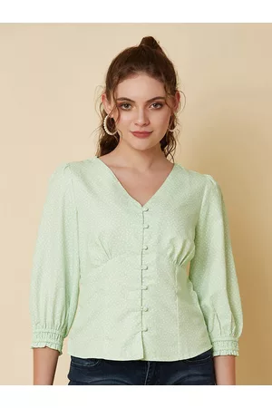 RAASSIO Women Green & White Print Shirt Style Top