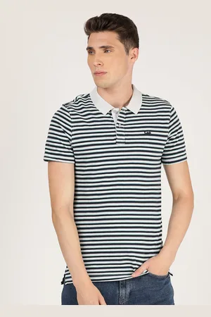 Lee Men Grey & Navy Blue Striped Polo Collar Slim Fit Cotton T-shirt