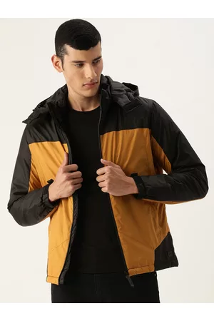 Flying Machine Men Black And Mustard Colourblocked Hooded Bomber Jacket