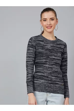 Cayman Women Navy Blue & Grey Self Design Acrylic Pullover