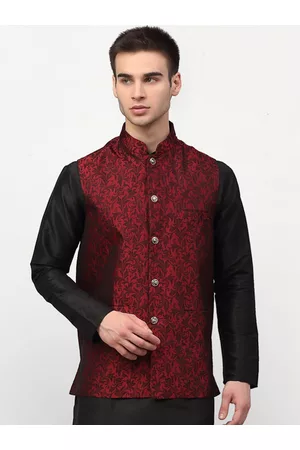 Jompers Men Maroon Woven Design Nehru Jacket