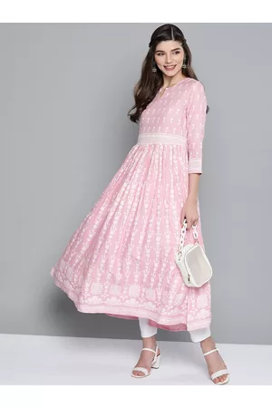 HERE&NOW Women Pink & White Ethnic Motifs Printed Anarkali Kurta