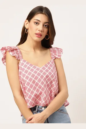 Elle Red & White Checked Sweetheart Neck Flutter Sleeves Pure Cotton Regular Top